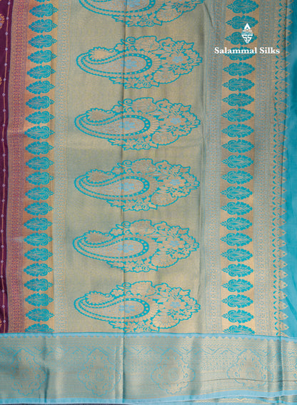 Dark Purple Semi Silk Saree With Contrast Pastel Blue Border