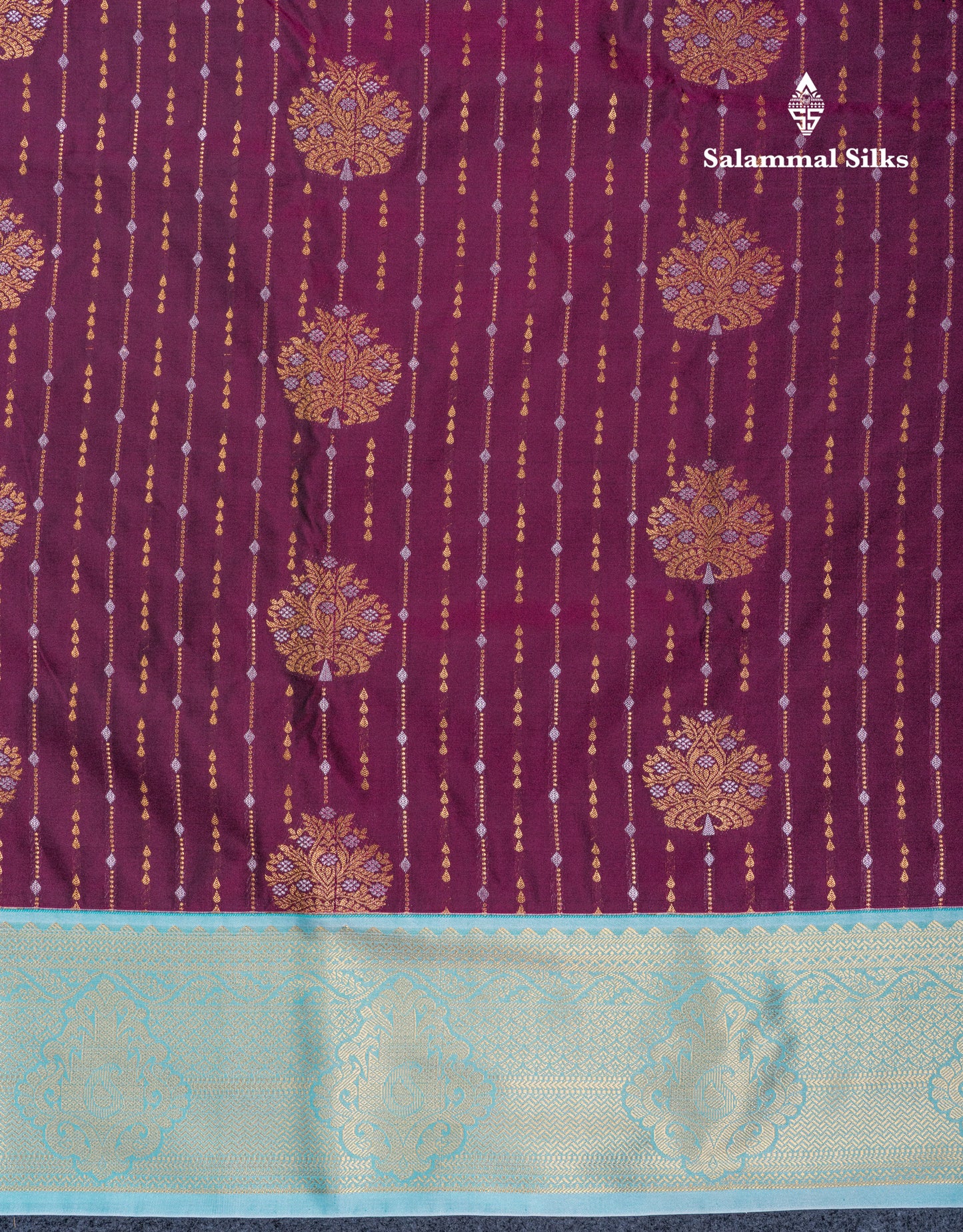 Dark Purple Semi Silk Saree With Contrast Pastel Blue Border