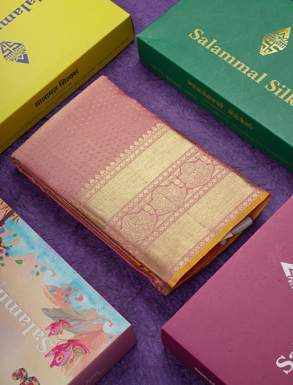 Beautiful Onion Pink Tissue Pure Kanjivaram Silk Saree With Traditional Border