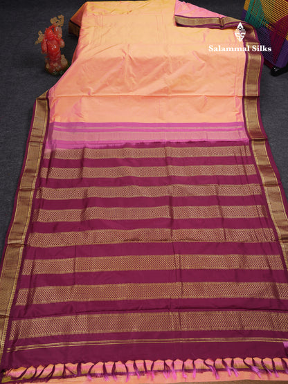 Beautiful Dual Tone Peach 9 Yards Pure Kanjivaram Silk Saree With (3.6inch) Magenta Border