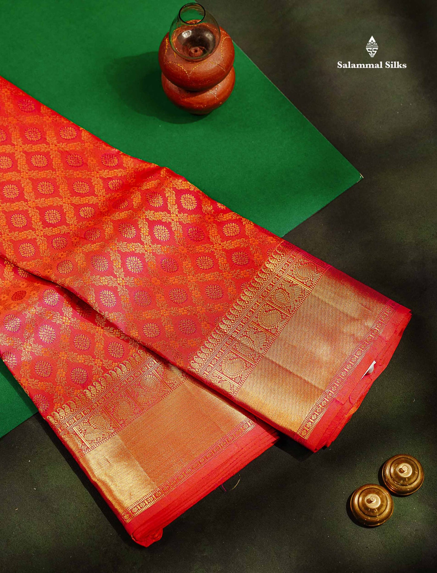 Pinkish Orange Colour Pure Kanjivaram Silk Saree With Traditional Gold Zari Border
