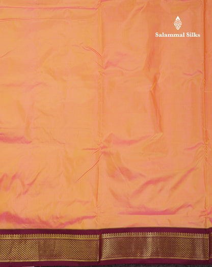 Beautiful Dual Tone Peach 9 Yards Pure Kanjivaram Silk Saree With (3.6inch) Magenta Border