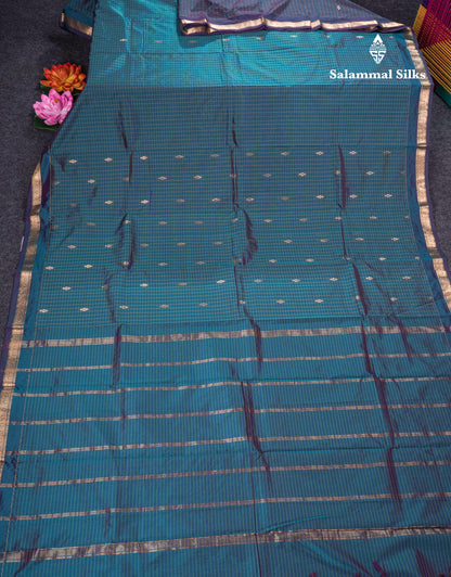 Mustard Yellow Checks With Butta Light Weight Semi Silk Saree With Small Border