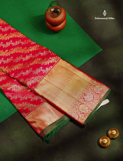 Beautiful Pink Gold & Silver Zari Buttas Bridal Pure Kanjivaram Silk Saree With Traditional Evening Morning Border
