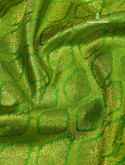 Parrot Green Beautiful Bridal Pure Kanjivaram Silk Saree With Contrast Royal Blue Border