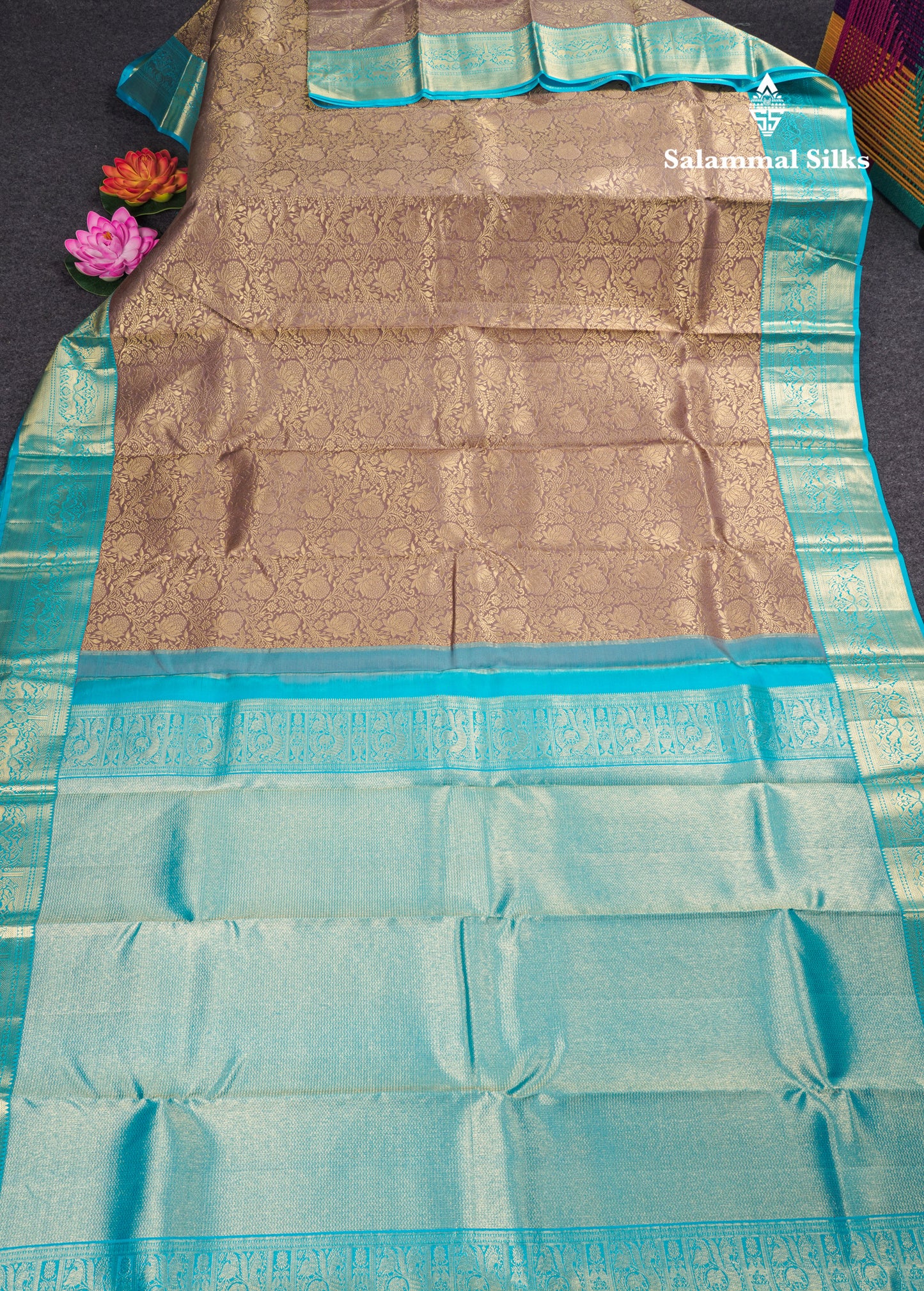 Beautiful Light Brown Bridal Pure Kanjivaram Silk Saree With Contrast Light Ramar Blue Border