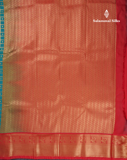 Bottle Green 1000 Buttas And Zari Checks Semi Silk Saree With Contrast Red Traditional Border