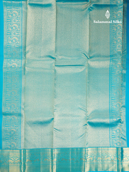 Beautiful Light Brown Bridal Pure Kanjivaram Silk Saree With Contrast Light Ramar Blue Border