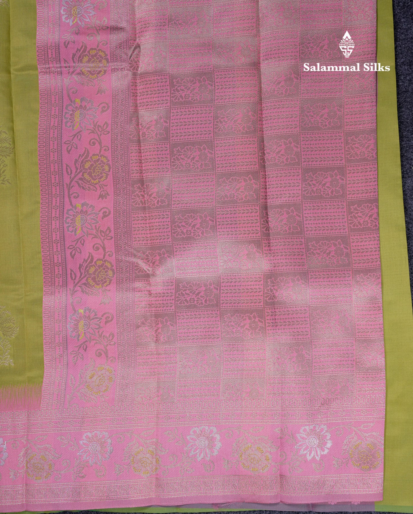 Beautiful Manthulir Green Semi Silk Saree With Contrast Light Pink Border