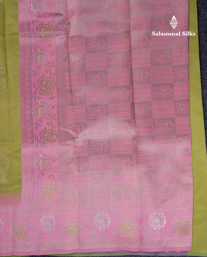Beautiful Manthulir Green Semi Silk Saree With Contrast Light Pink Border