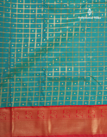 Bottle Green 1000 Buttas And Zari Checks Semi Silk Saree With Contrast Red Traditional Border