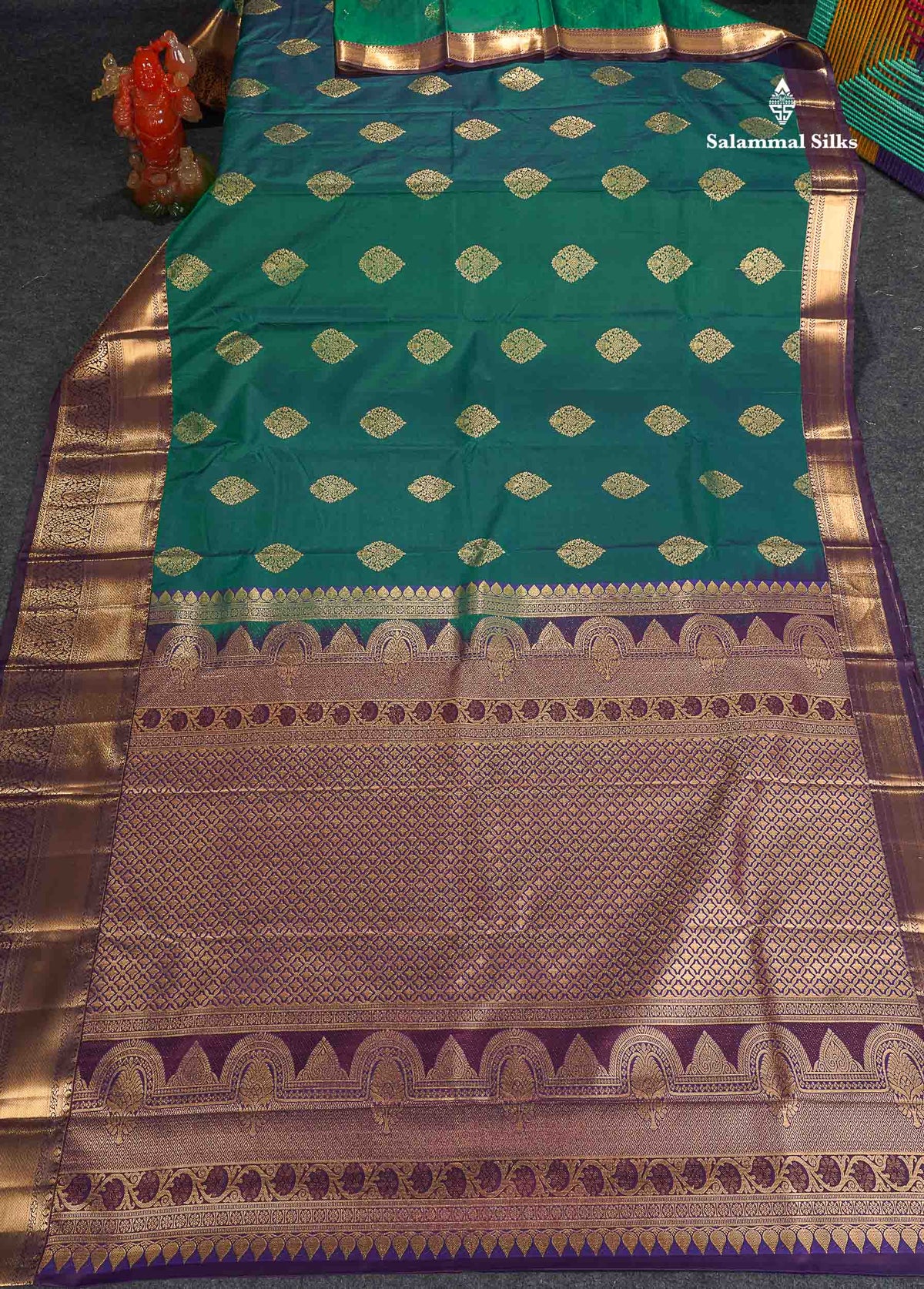Semi Silk Saree - Peacock Green Colour Body With Contrast Dark Purple Traditional Evening Morning Border
