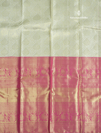 Beautiful Half White Pure Kanjivaram Silk Saree With Contrast Long Magenta Border