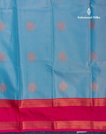Sky Blue Tiny Zari Checks With Butta Semi Silk Saree With Contrast Pink Rettapet Border