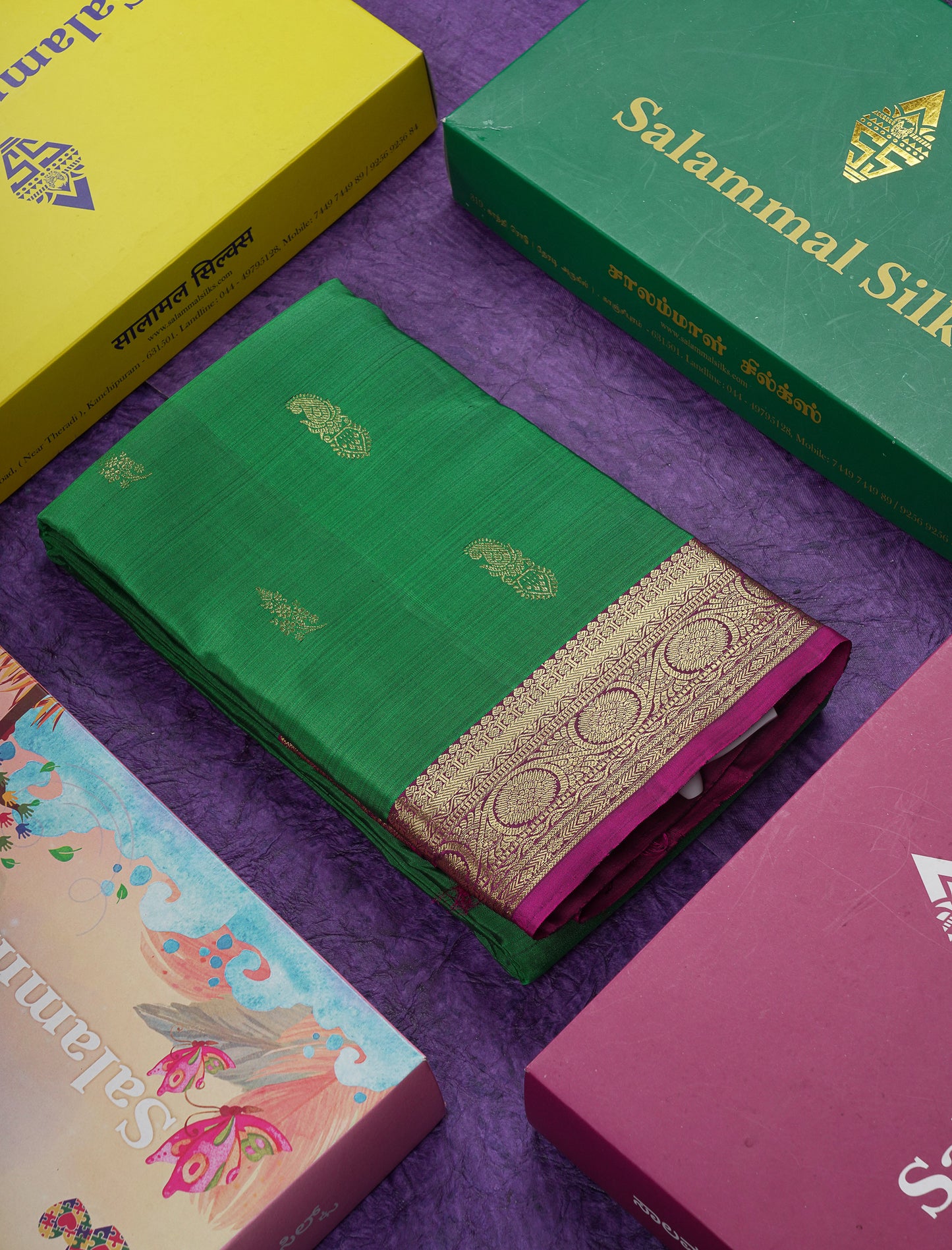 Beautiful Green Pure Kanjivaram Silk Saree With Contrast Magenta Traditional Small Border