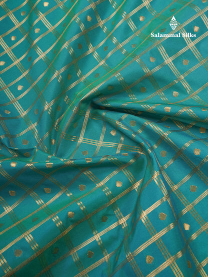 Bottle Green 1000 Buttas And Zari Checks Semi Silk Saree With Contrast Red Traditional Border
