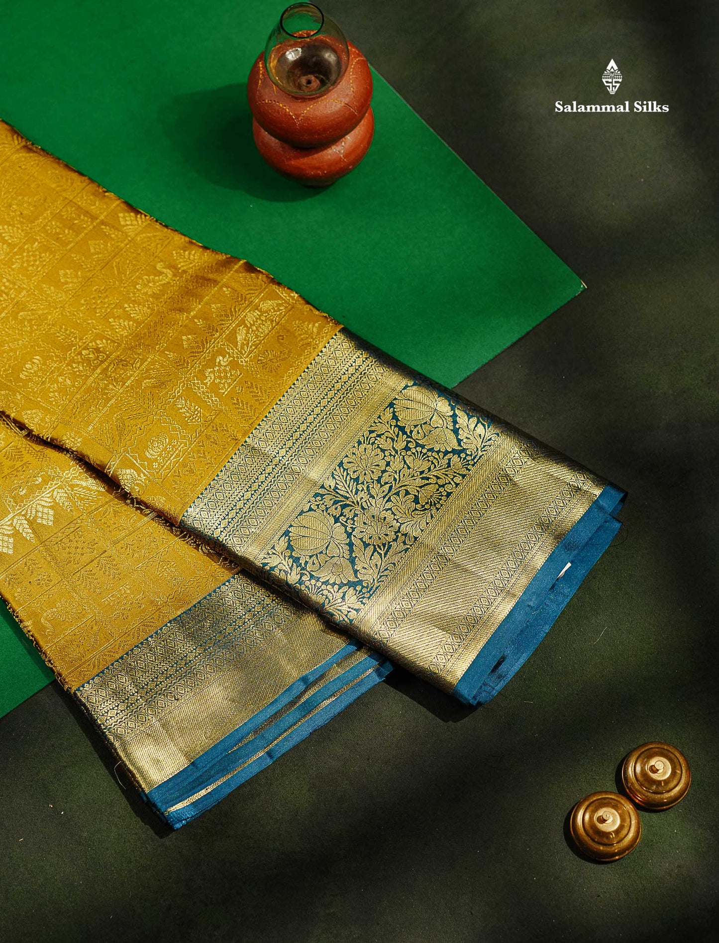 Beautiful Olive Mustard Yellow Bridal Pure Kanjivaram Silk Saree With Contrast Peacock Blue Evening Morning Border