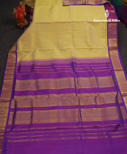 Korvai Beautiful Light Yellow 10 Yards Pure Silk Saree With (4.4 inch) Contrast Violet Traditional Border