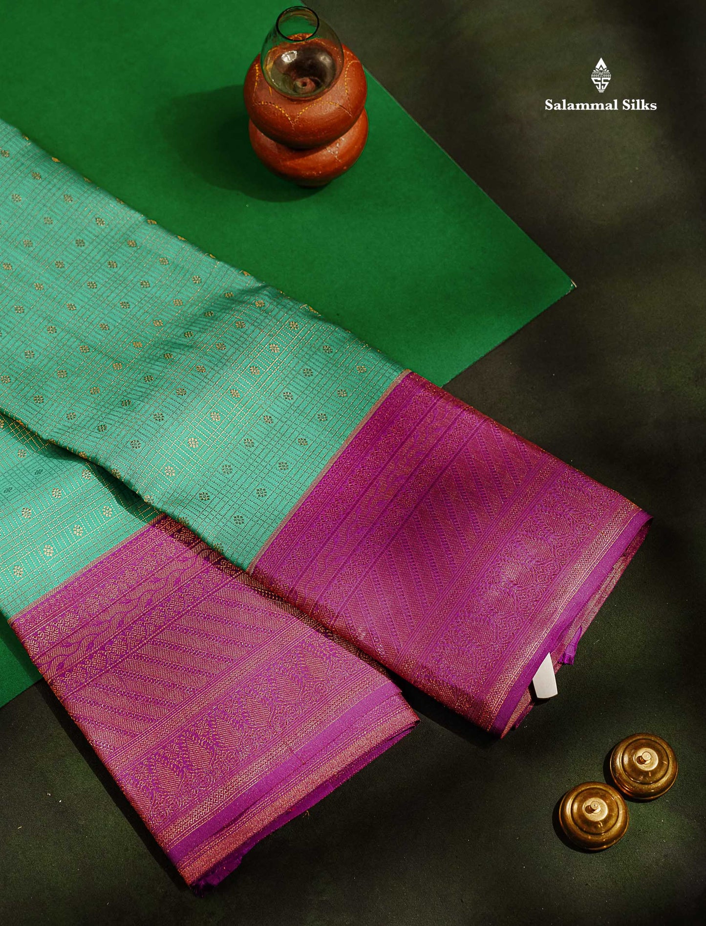 Sapphire Green Pure Kanjivaram Silk Saree with Contrast Purple Border