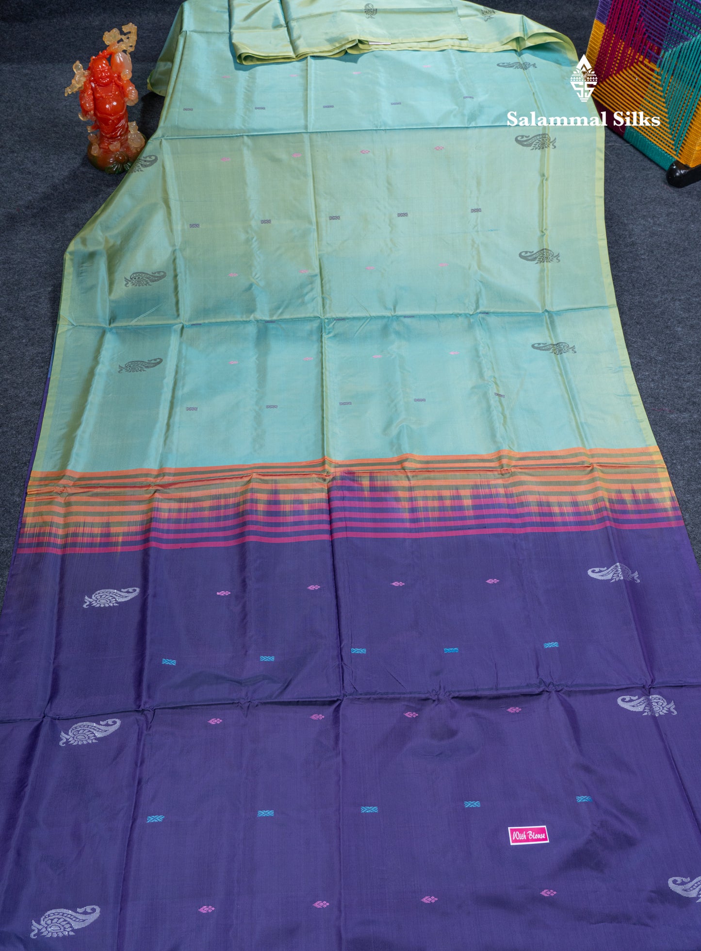 Dual Tone Pastel Blue Banana Pinth Saree (Vaazhainaar Pattu) With Contrast Dark Purple Blouse