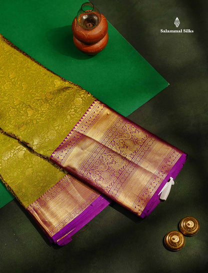 Beautiful Olive Green Bridal Pure Kanjivaram Silk Saree With Contrast Violet Traditional Evening Morning Border