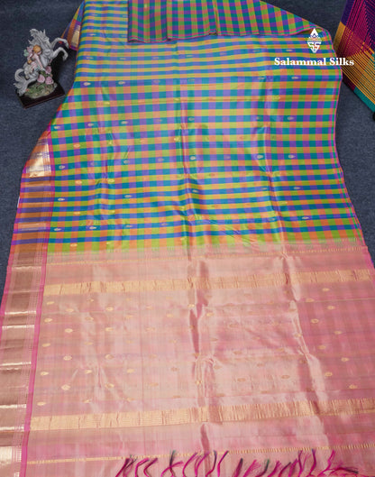 Multicolour Pure Kanjivaram Silk Saree With Contrast Pink One Side Border