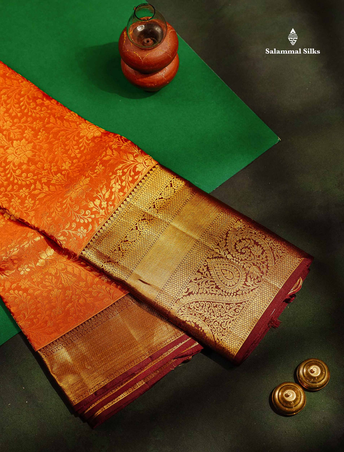Beautiful Rust Orange Bridal Pure Kanjivaram Silk Saree With Contrast Dark Brown Traditional Evening Morning Border