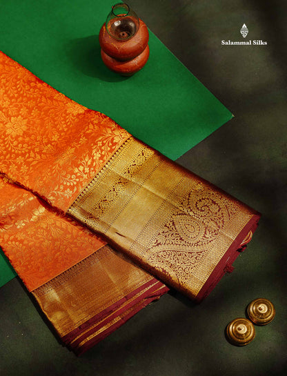 Beautiful Rust Orange Bridal Pure Kanjivaram Silk Saree With Contrast Dark Brown Traditional Evening Morning Border