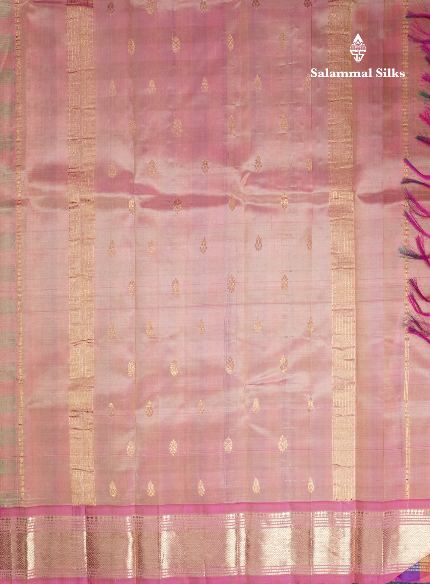 Multicolour Pure Kanjivaram Silk Saree With Contrast Pink One Side Border