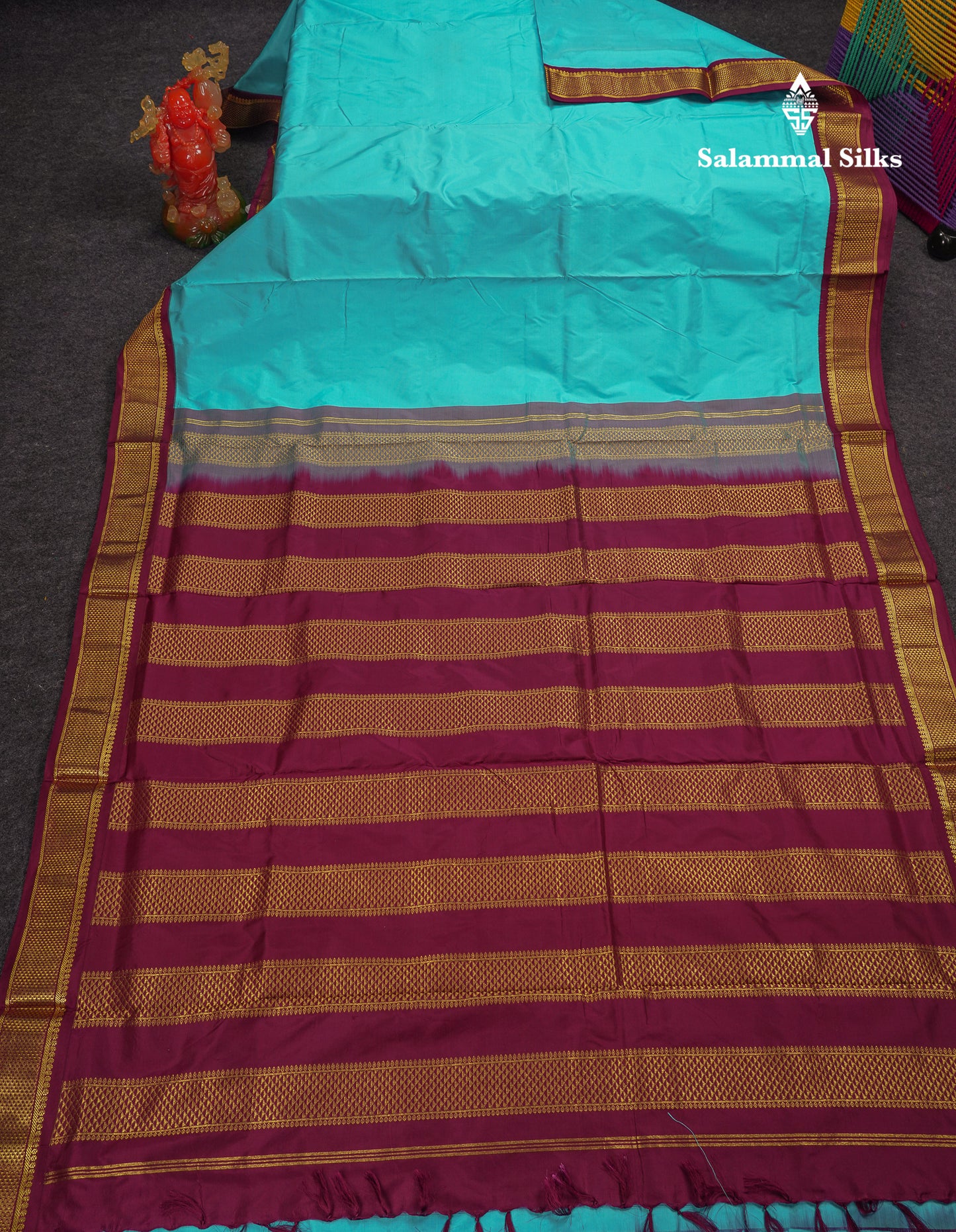 Beautiful Sky Blue 9 Yards Pure Kanjivaram Silk Saree With (3.5inch) Dark Magenta Border