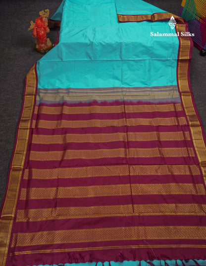 Beautiful Sky Blue 9 Yards Pure Kanjivaram Silk Saree With (3.5inch) Dark Magenta Border