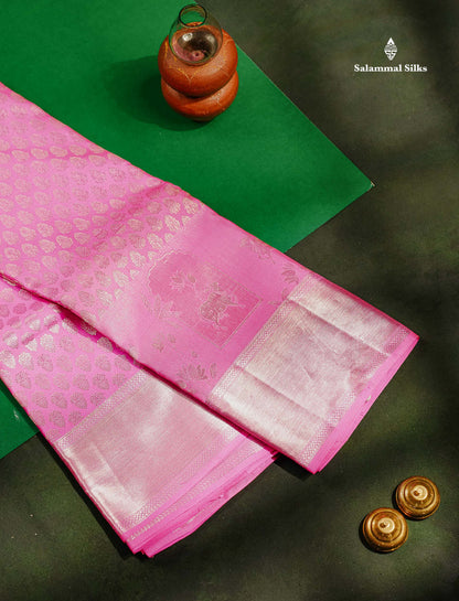 Beautiful Light Pink Pure Kanjivaram Silk Saree With Traditional Komatha Design Border