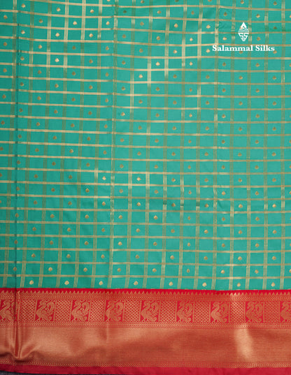Bottle Green 1000 Buttas And Zari Checks Semi Silk Saree With Contrast Red Traditional Border