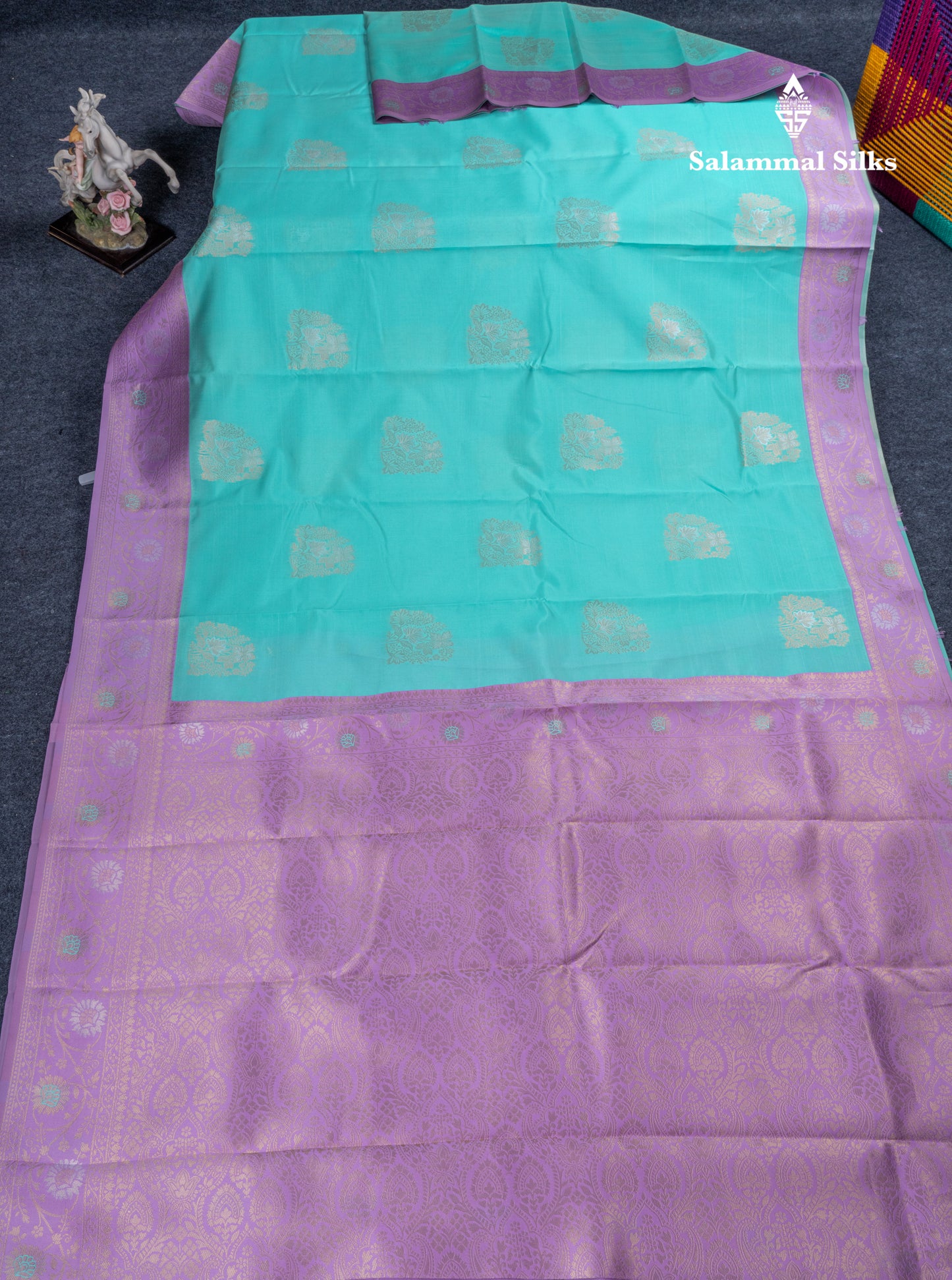 Sea Green Semi Silk Saree With Contrast Lavender Border
