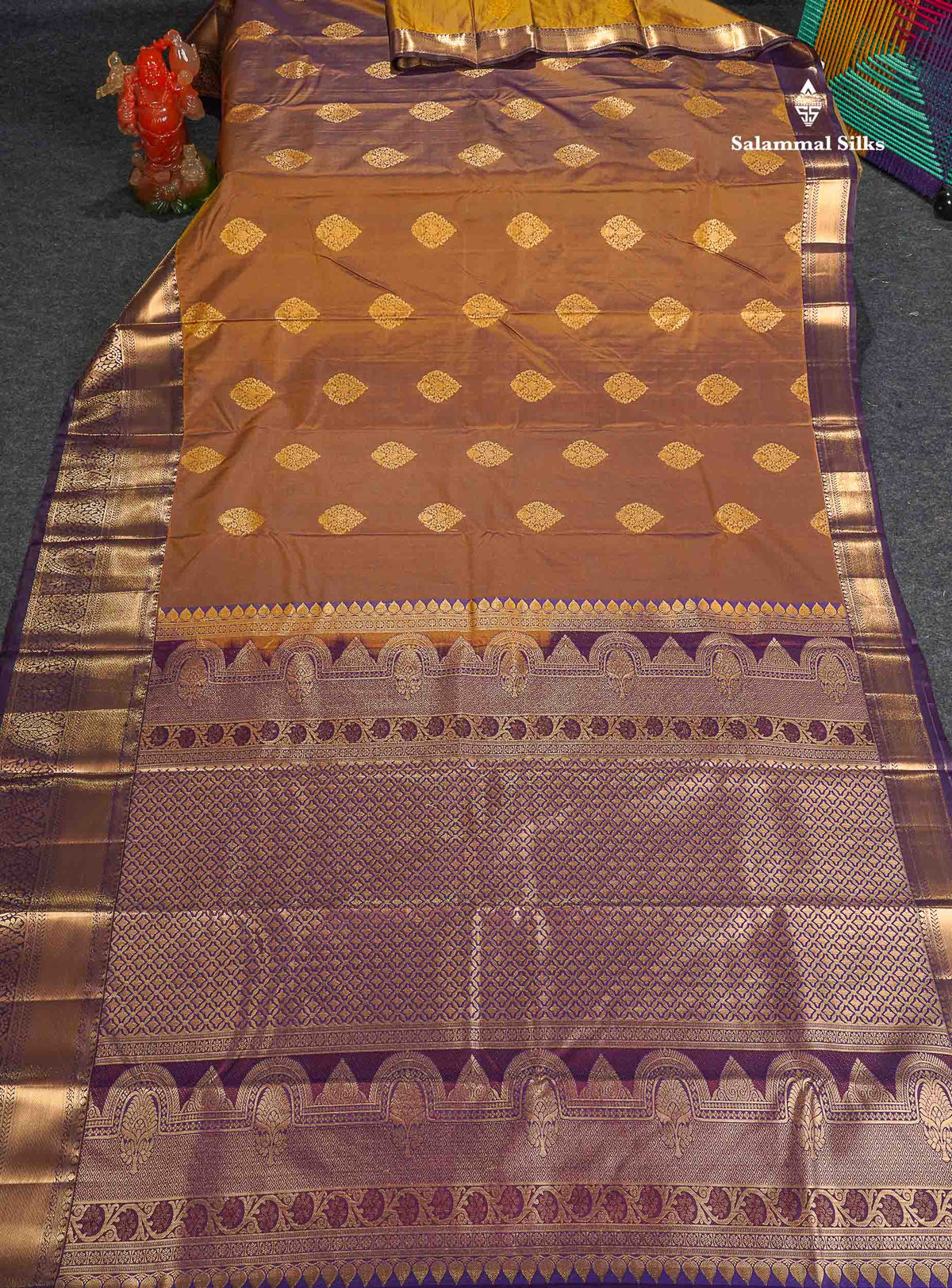 Semi Silk Saree - Olive Mustard Yellow Colour Body With Contrast Purple Traditional Evening Morning Border