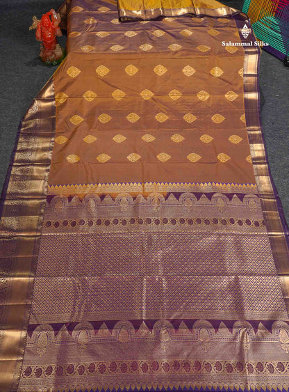 Semi Silk Saree - Olive Mustard Yellow Colour Body With Contrast Purple Traditional Evening Morning Border