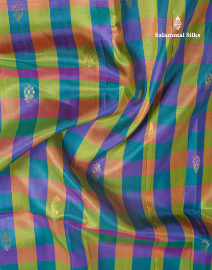 Multicolour Pure Kanjivaram Silk Saree With Contrast Pink One Side Border