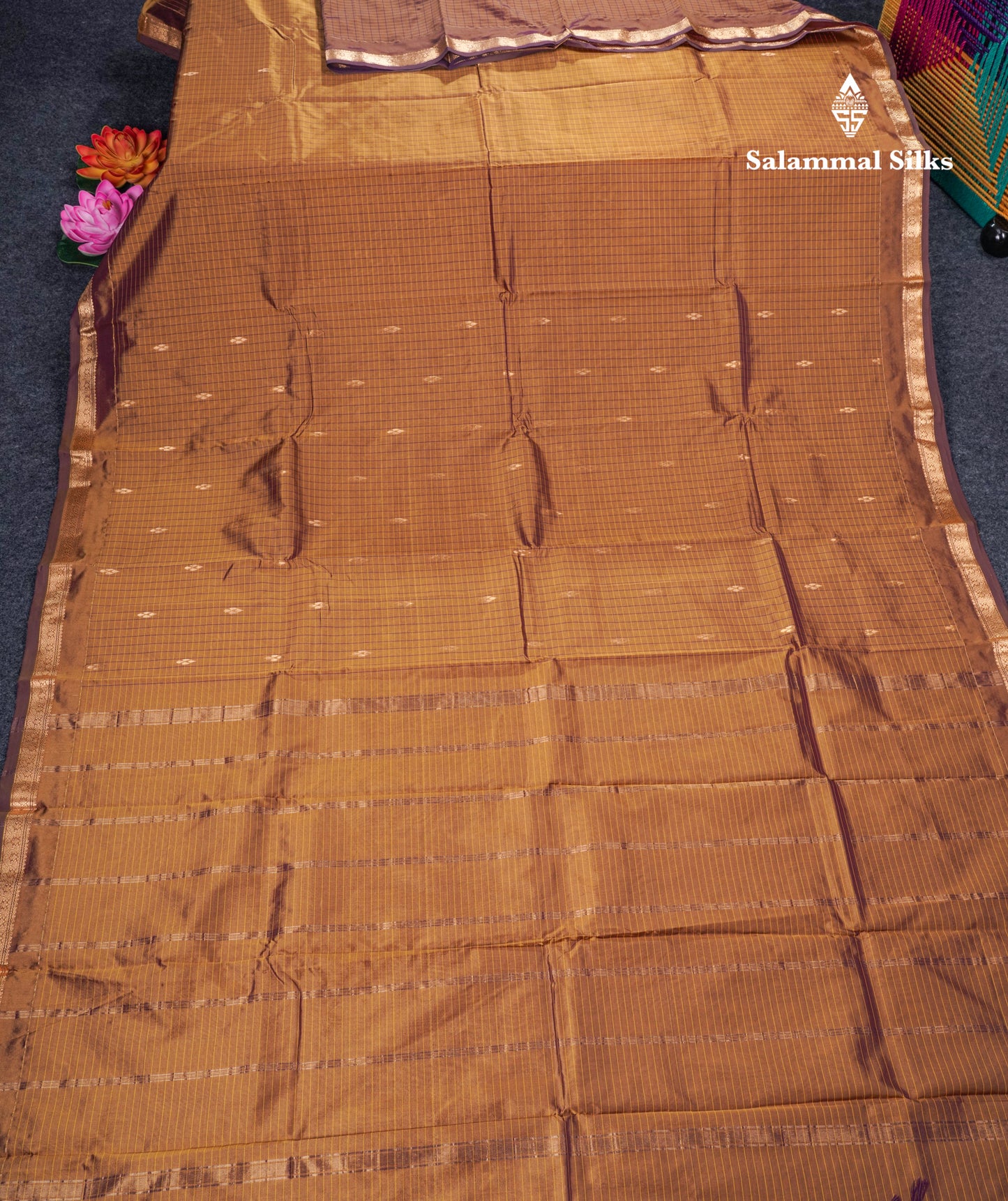 Mustard Yellow Checks With Butta Light Weight Semi Silk Saree With Small Border