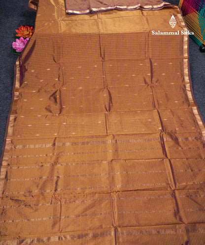 Mustard Yellow Checks With Butta Light Weight Semi Silk Saree With Small Border