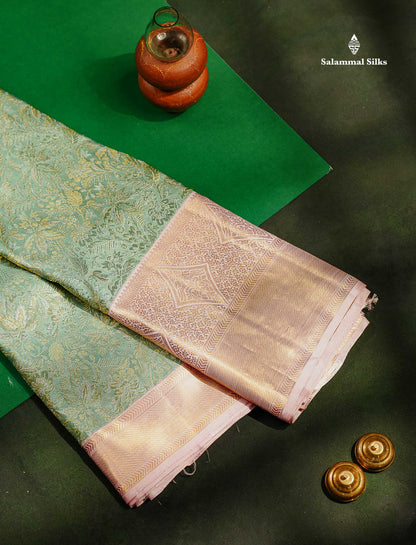 Beautiful Pastel Blue Bridal 2G Pure Kanjivaram Silk Saree With Contrast Baby Pink Traditional Evening Morning Border