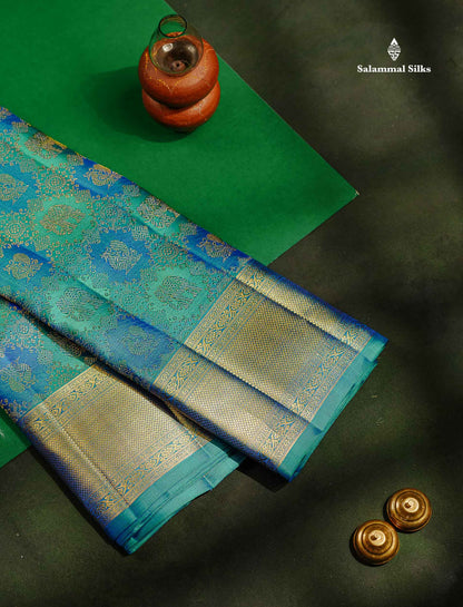 2G Zari Dual Tone Peacock Blue Elephant & Peacock Butta Kanjivaram Silk Saree