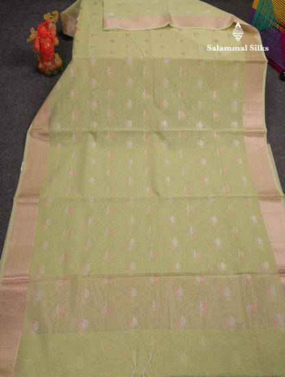 Beautiful Elaichi Green Silver And Copper Zari Buttas Linen Mix Cotton Fancy Saree With Tarditional Border