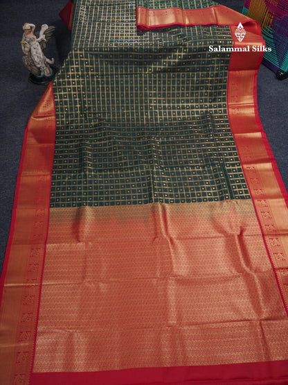 Bottle Green 1000 Buttas And Zari Checks Semi Silk Saree With Contrast Red Traditional Border