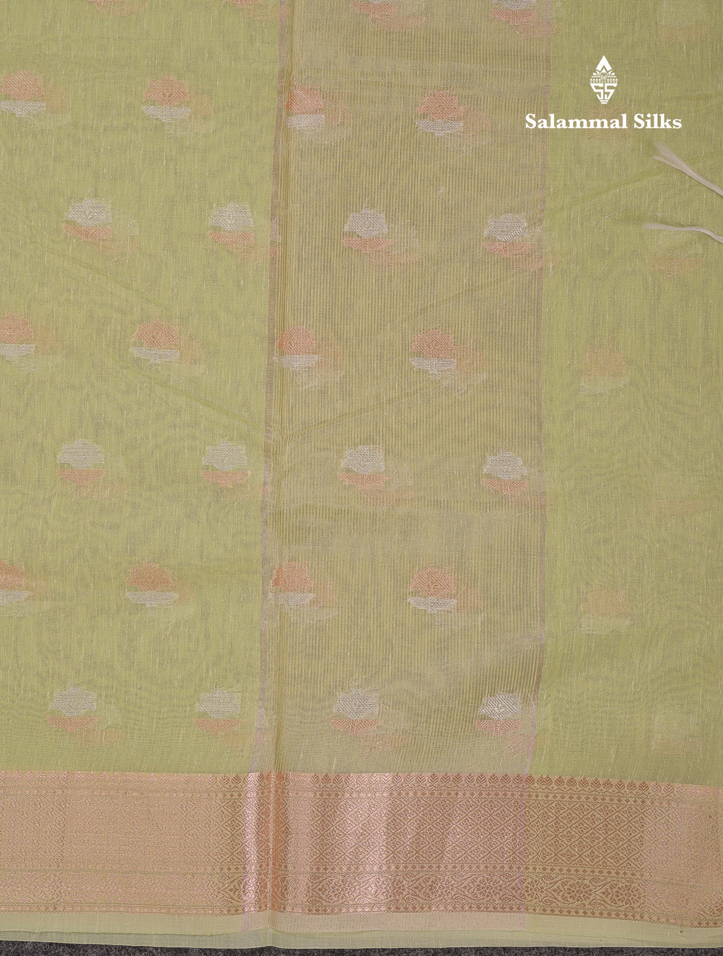Beautiful Elaichi Green Silver And Copper Zari Buttas Linen Mix Cotton Fancy Saree With Tarditional Border