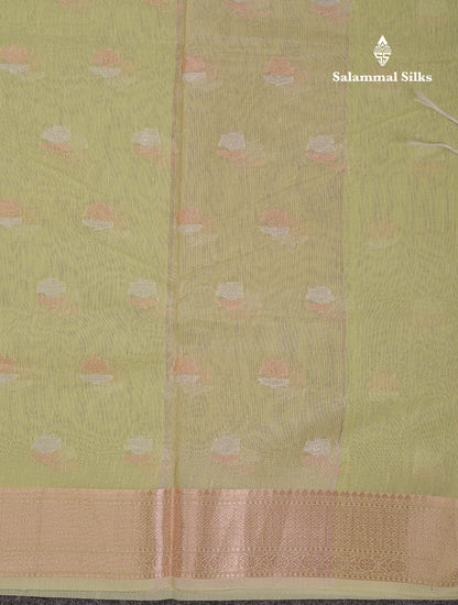Beautiful Elaichi Green Silver And Copper Zari Buttas Linen Mix Cotton Fancy Saree With Tarditional Border