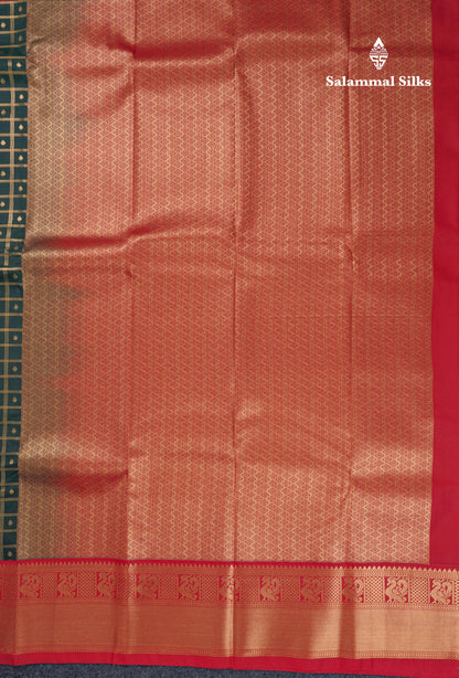 Bottle Green 1000 Buttas And Zari Checks Semi Silk Saree With Contrast Red Traditional Border