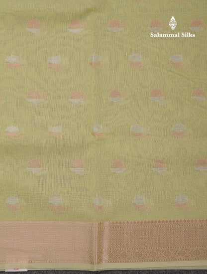 Beautiful Elaichi Green Silver And Copper Zari Buttas Linen Mix Cotton Fancy Saree With Tarditional Border
