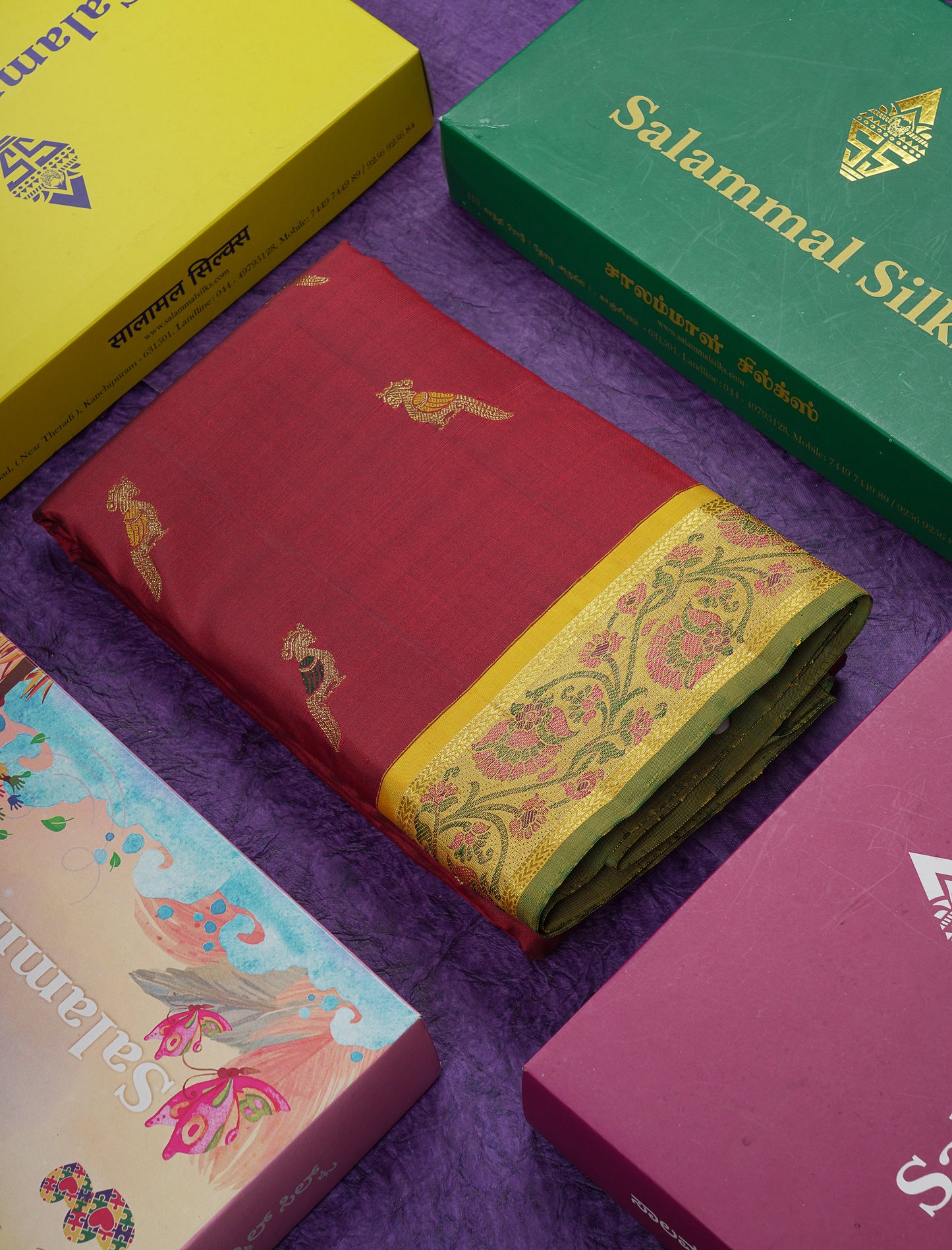 Korvai Beautiful Maroon Menakari Work Pure Kanjivaram Silk Saree With Contrast Yellow Small Traditional Medium Tissue Border