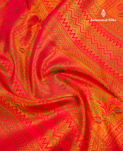 Beautiful Chilly Red Bridal Pure Kanjivaram Silk Saree With Self Border