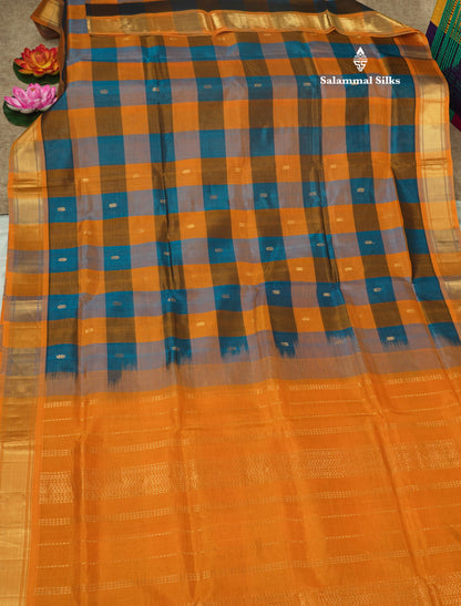 Beautiful Multicolour Paalum Pazham Checks Pure Silk Cotton Saree With Contrast Mustard Yellow Border